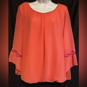 AB Studio Vibrant Coral Blouse with Crocheted Detail on Sleeves